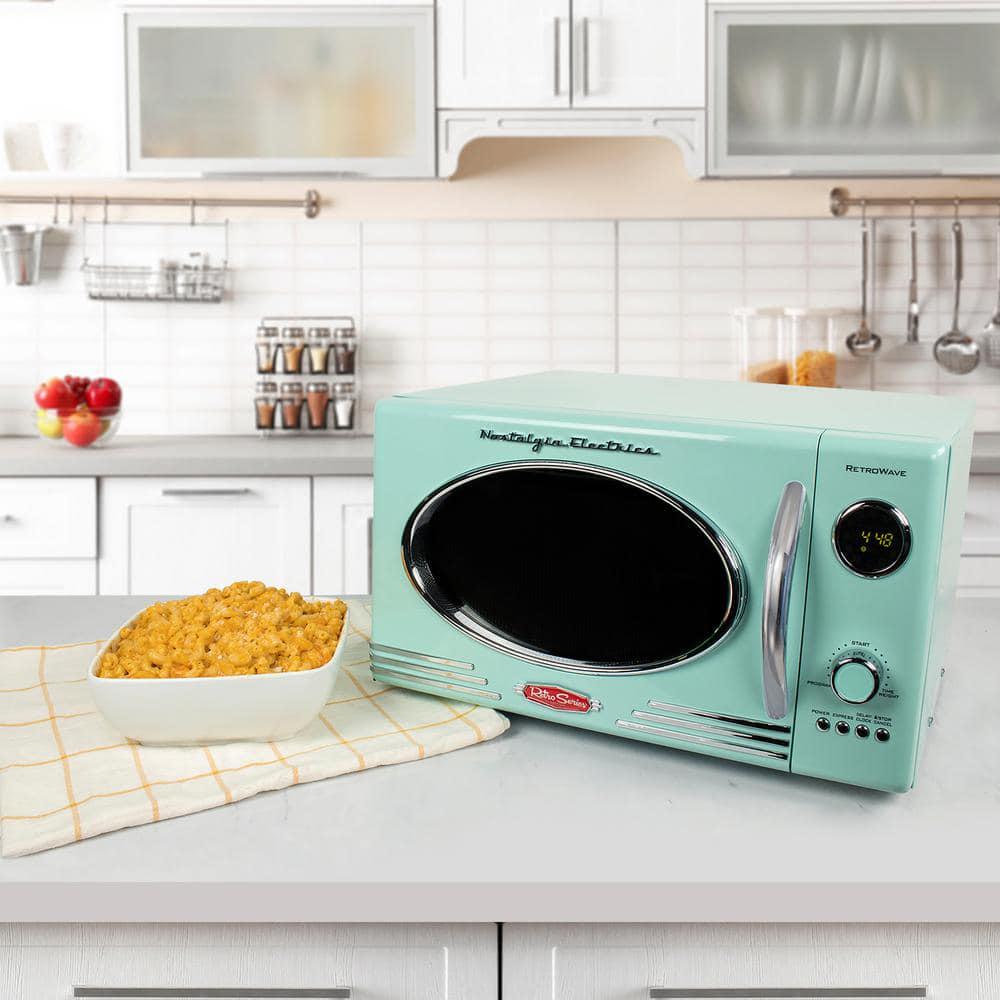 Nostalgia 0 9 cu ft 800Watt Retro Microwave Oven in Aqua