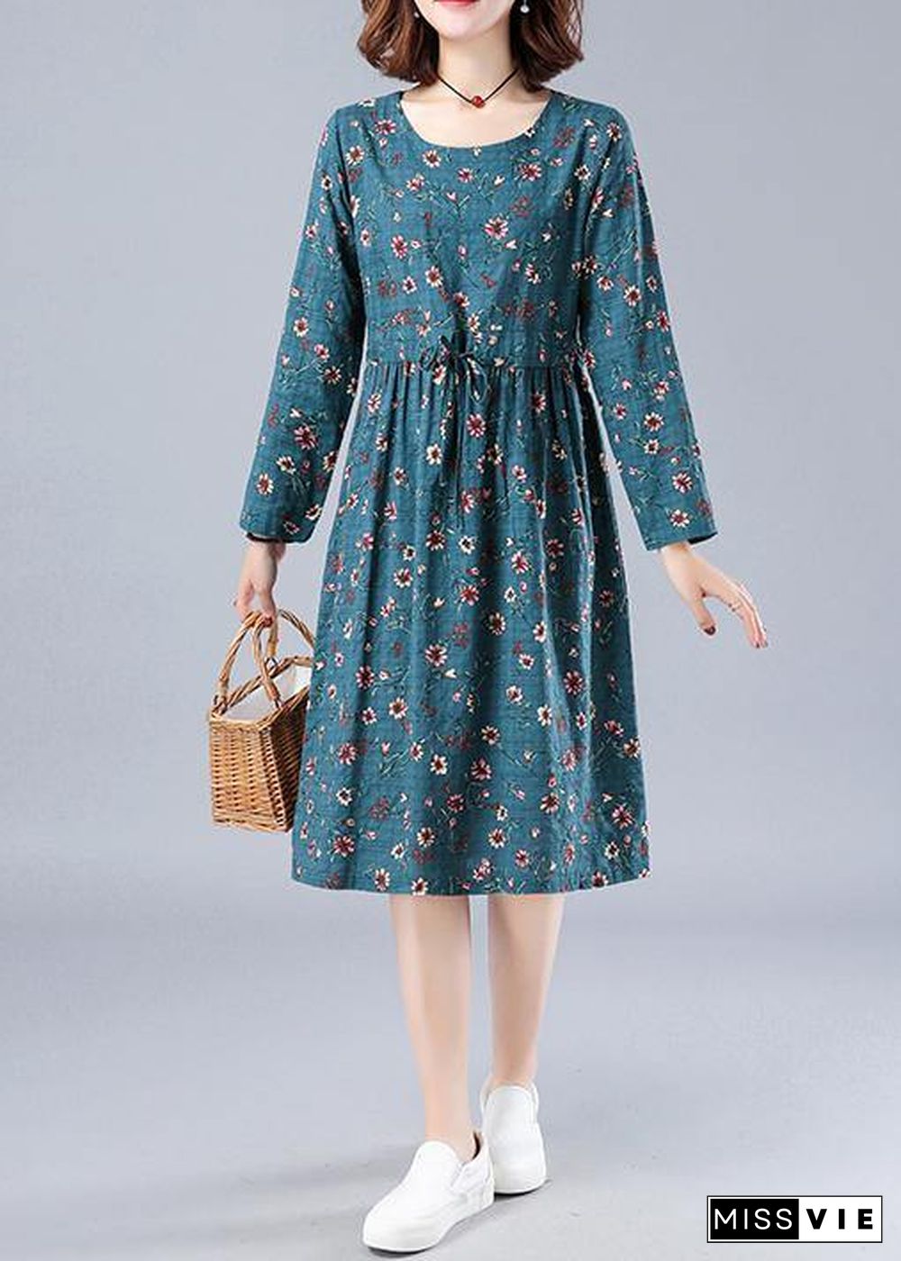 Bohemian Blue Print Robes O Neck Drawstring Daily Spring Dresses