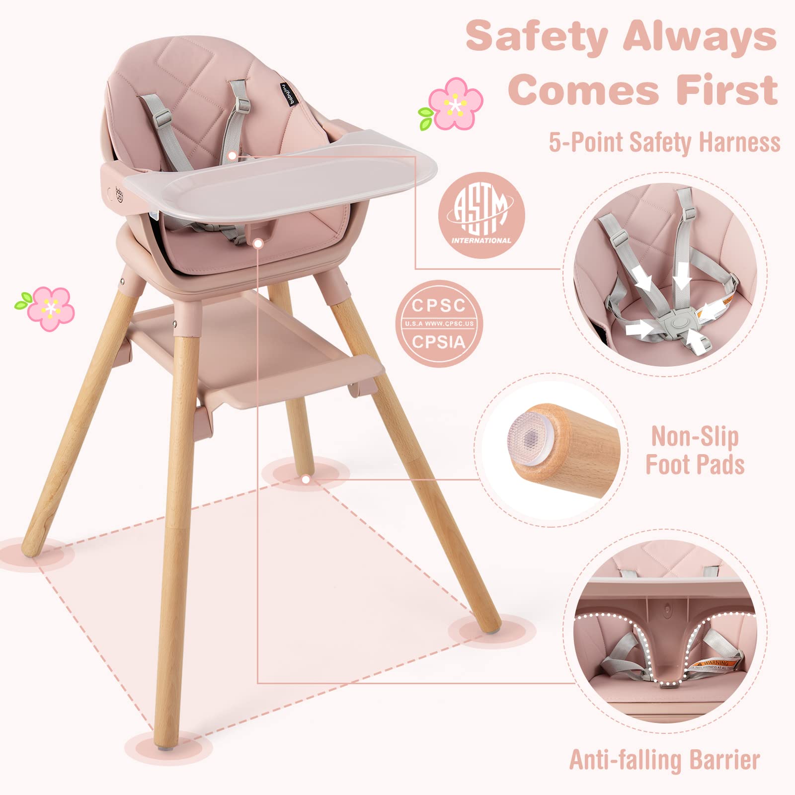 BABY JOY Baby High Chair, 6 in 1 Convertible Wooden High Chair for Babies & Toddlers with Adjustable Legs