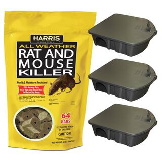 Harris 4 lbs.64 Bars All Weather Rat and Mouse Killer and 3 Locking Rat and Mouse Refillable Bait Stations HRB64-3RATBOX