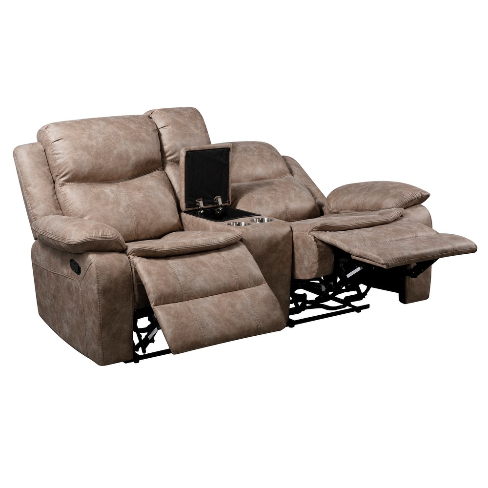 Roundhill Furniture Ensley Faux Leather Reclining Sofa and Loveseat in Sand Finish