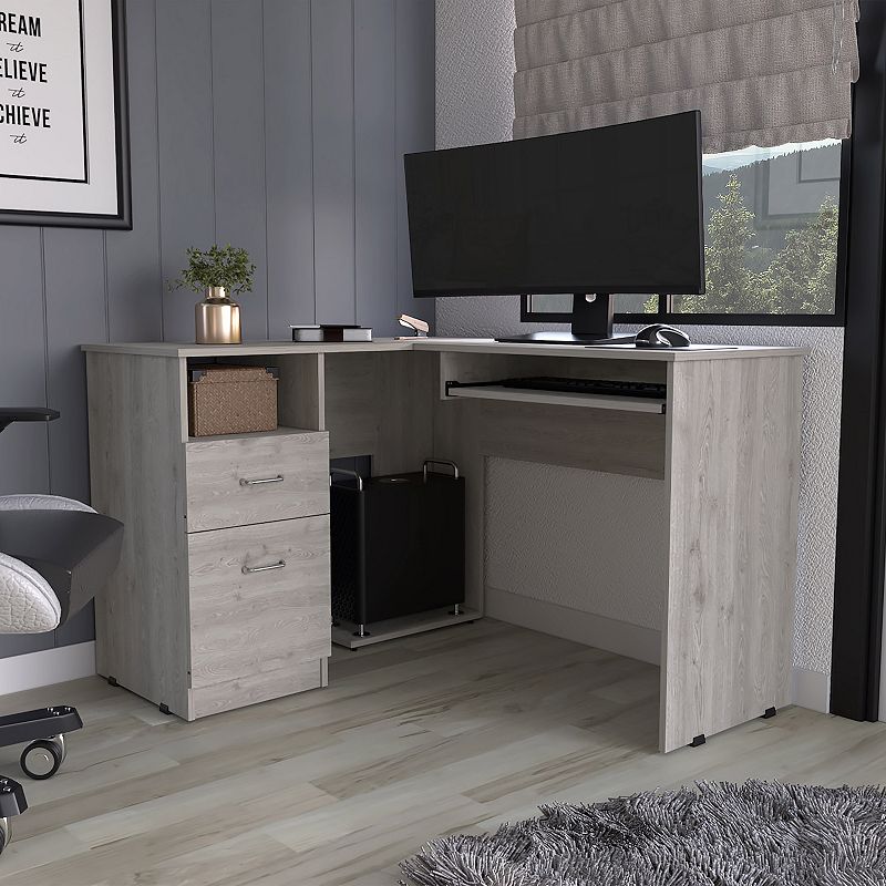 Raleigh L-Shaped Desk， Two Drawers， One Shelf， CPU Storage