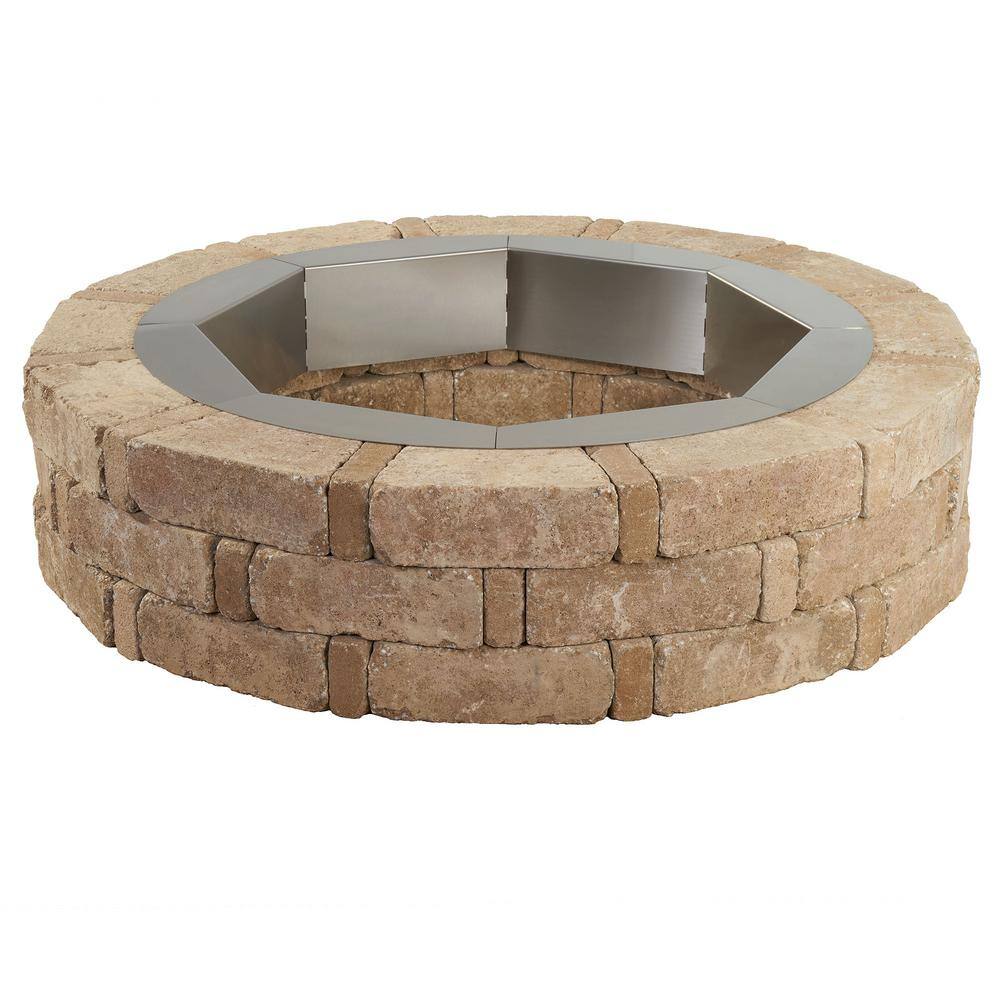 Pavestone RumbleStone 46 in. x 10.5 in. Round Concrete Fire Pit Kit No. 1 in Cafe with Round Steel Insert RSK55769