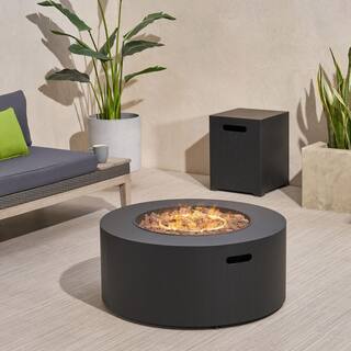 Noble House Wellington 15.25 in. x 19.75 in. Round Concrete Propane Fire Pit in Dark Grey with Tank Holder 70379