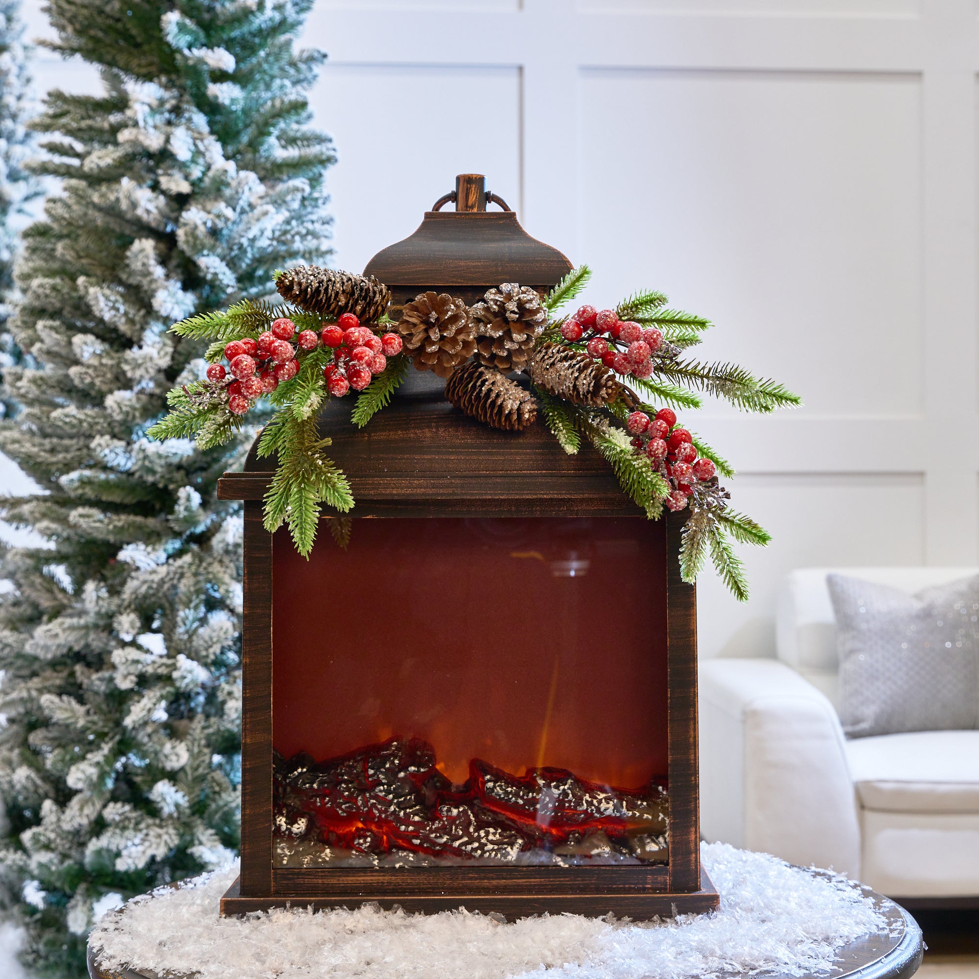 23 Red Fire Light Lantern With Berries Battery Operated