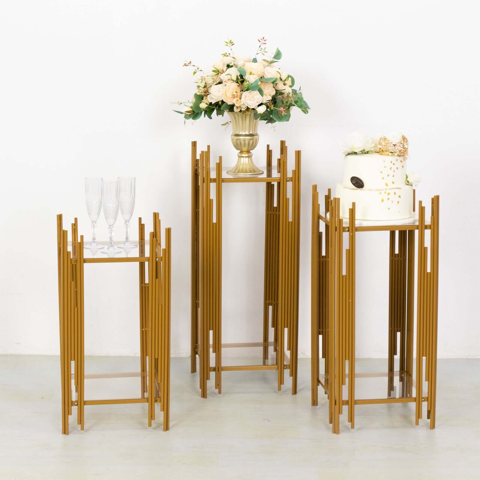 Set of 3 Gold Metal Plinths Flower Display Stands With Square Acrylic Plates, Wedding Cake Table Pedestal Stands - 26