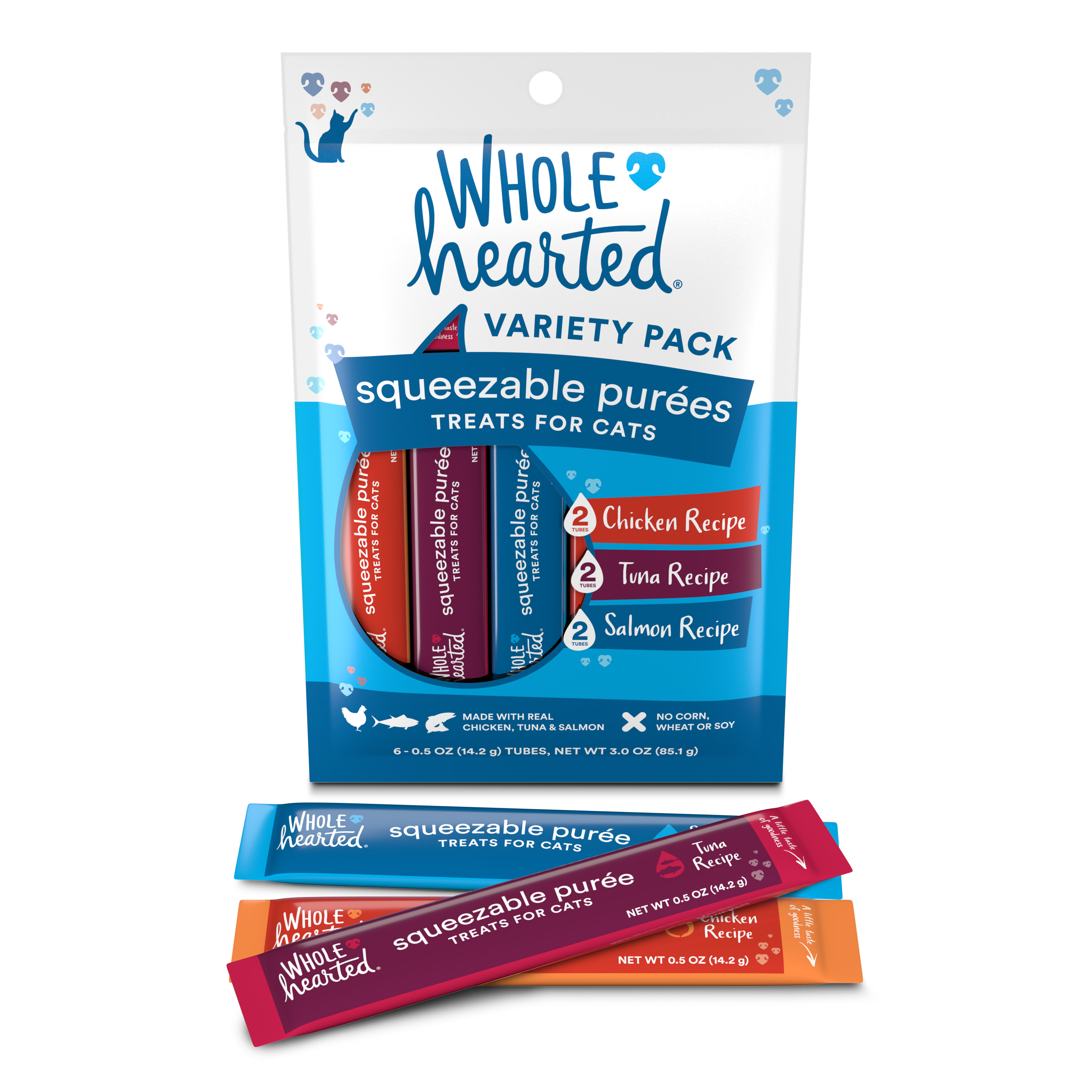 Whole Hearted Squeezable Puree Cat Treat Variety Pack， 0.5 oz.， Count of 6