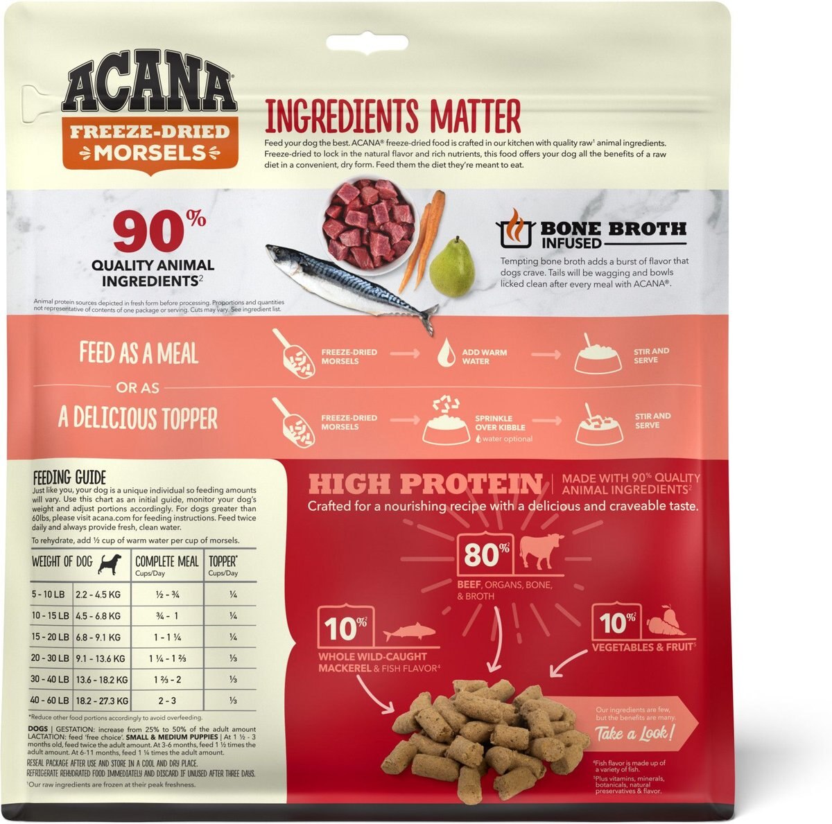 ACANA Ranch-Raised Beef Recipe Morsels Grain-Free Freeze Dried Dog Food and Topper， 8-oz bag