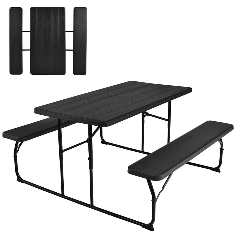 4-Person Folding Picnic Table Bench Set with Wood-like Texture & Metal Frame, Portable Outdoor Camping Dining Table Set