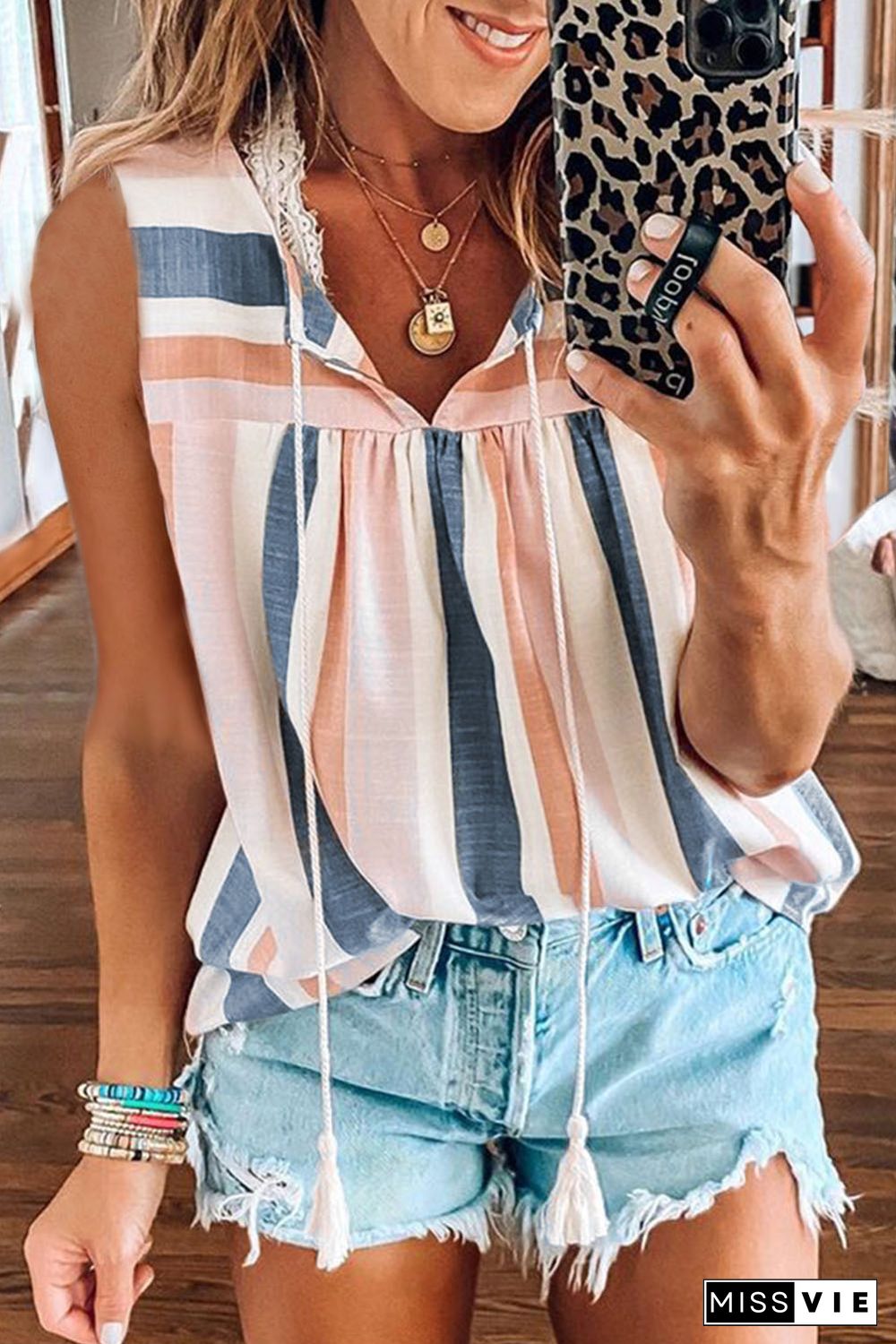 Multicolor Split V Neck Striped Print Tank Top