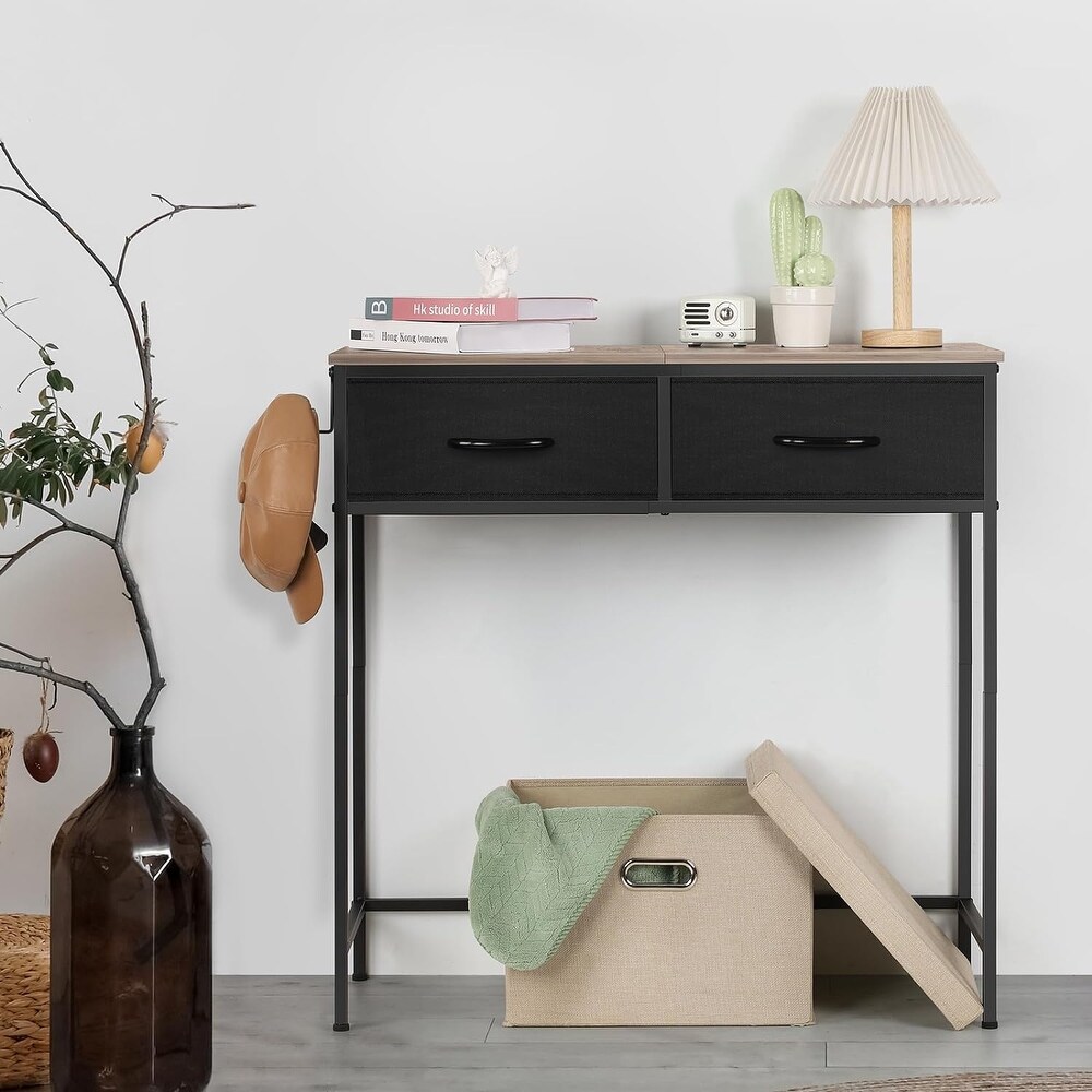 Narrow Modern Sofa Table with Hooks and Fabric Drawers Console Table