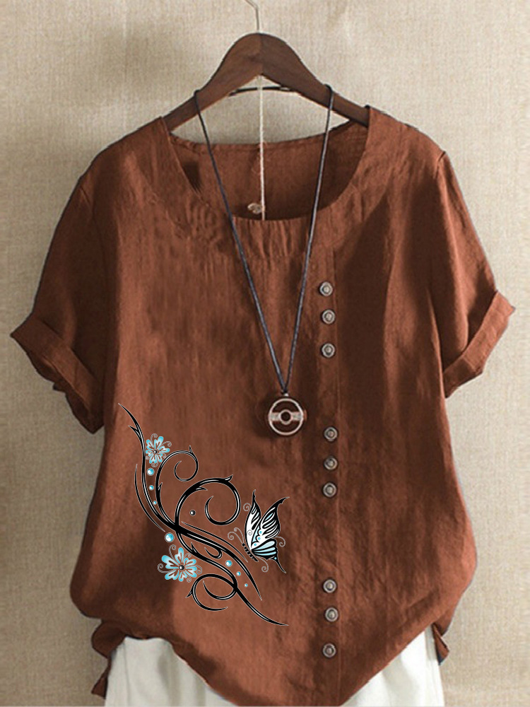 Round Neck Casual Loose Butterfly Print Short Sleeve Blouse