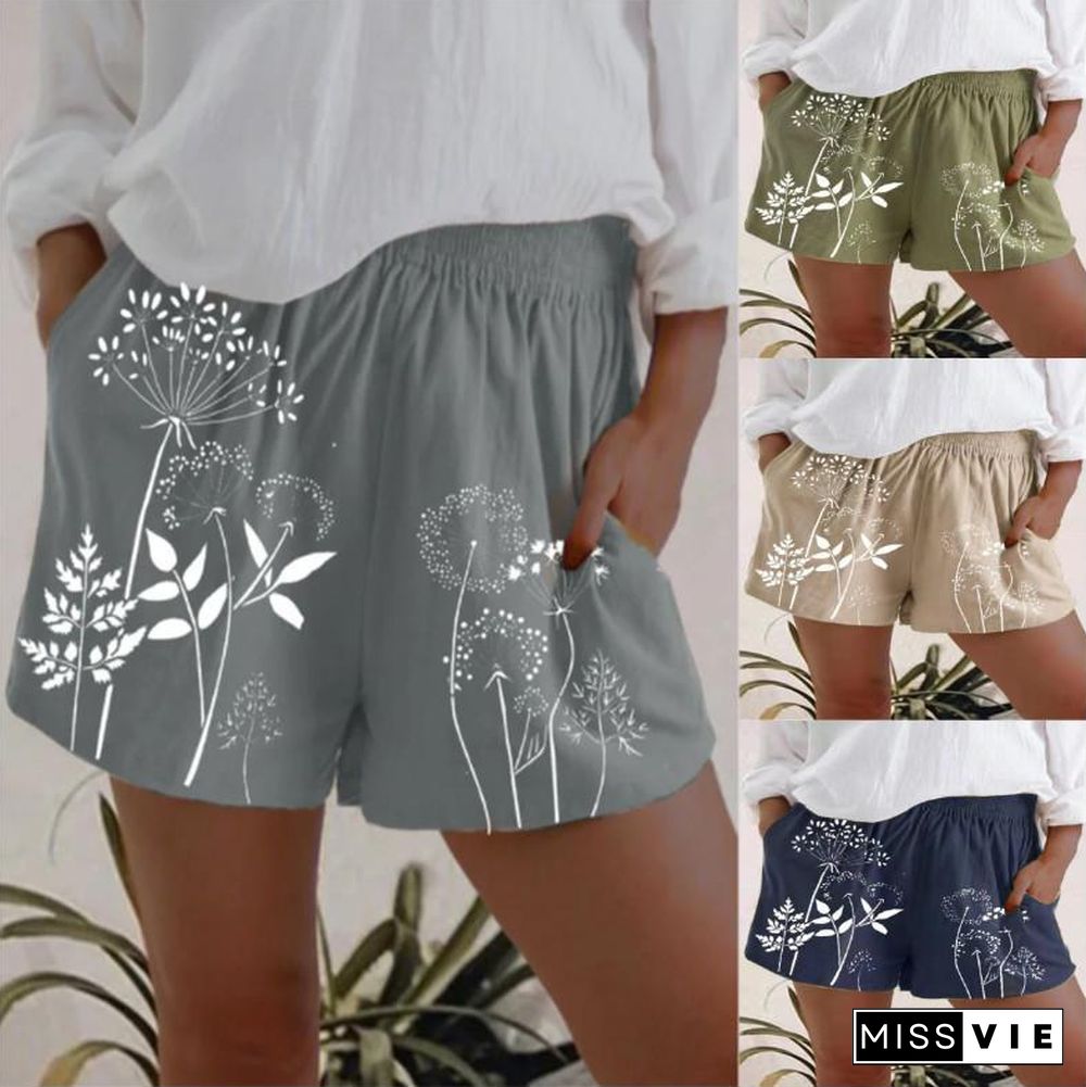 Women Basic Loose Dandelion Printed High-Waist Shorts