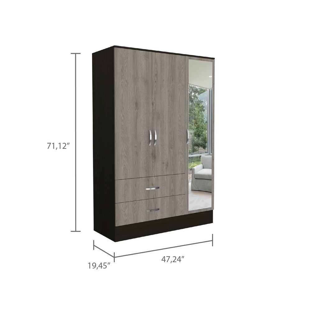 Gangi 120 Mirrored Armoire with 2 Cabinets  2 Drawers  Metal Rod  and 4 Shelves  Black / Light Gray