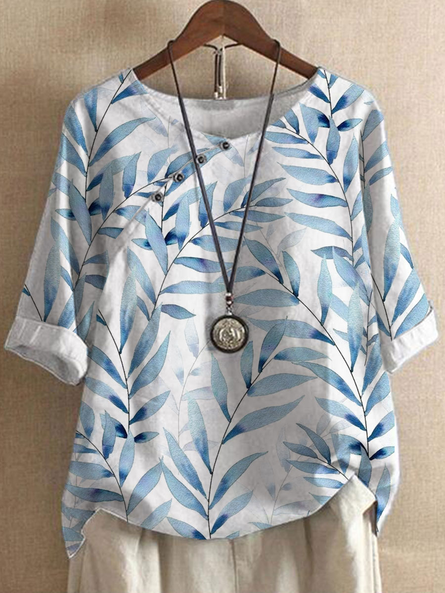 Round Neck Cotton And Linen Leaf Print Blouse