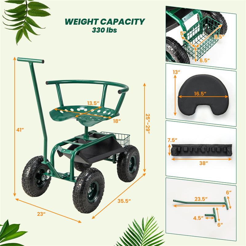 Rolling Garden Cart Gardening Workseat Adjustable Height Garden Scooter with Swivel Seat & Tool Storage