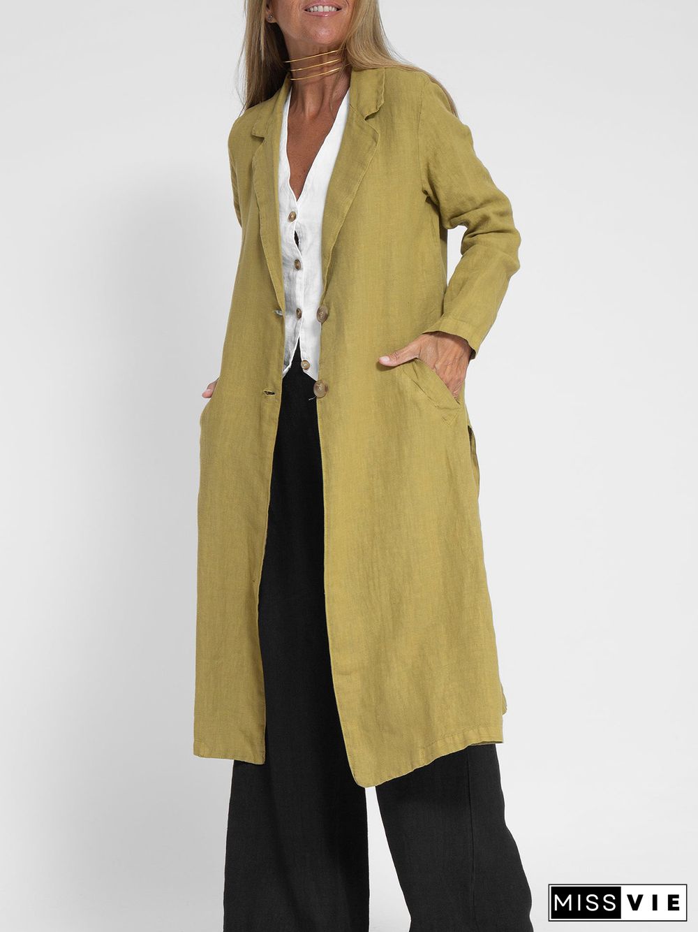 Cotton Lapel Neck and Pocket Long Jacket