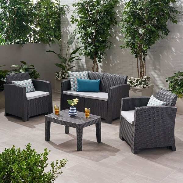 4Pcs Outdoor Faux Wicker Rattan Chat Set with Cushions and Table