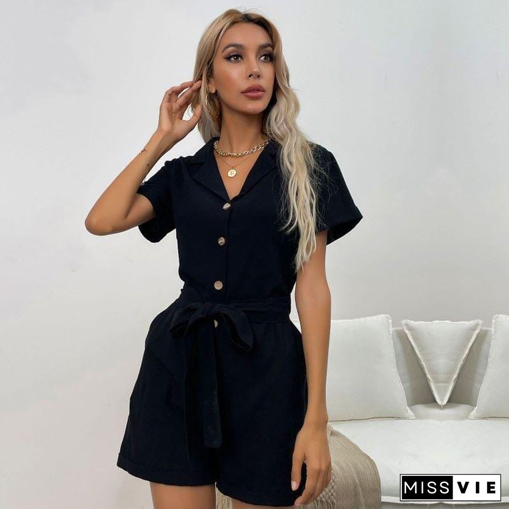 Solid Color Button Front Romper