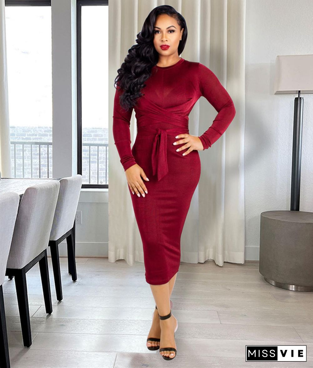 Velvet Long Sleeve Lace Up Bodycon Midi Dresses