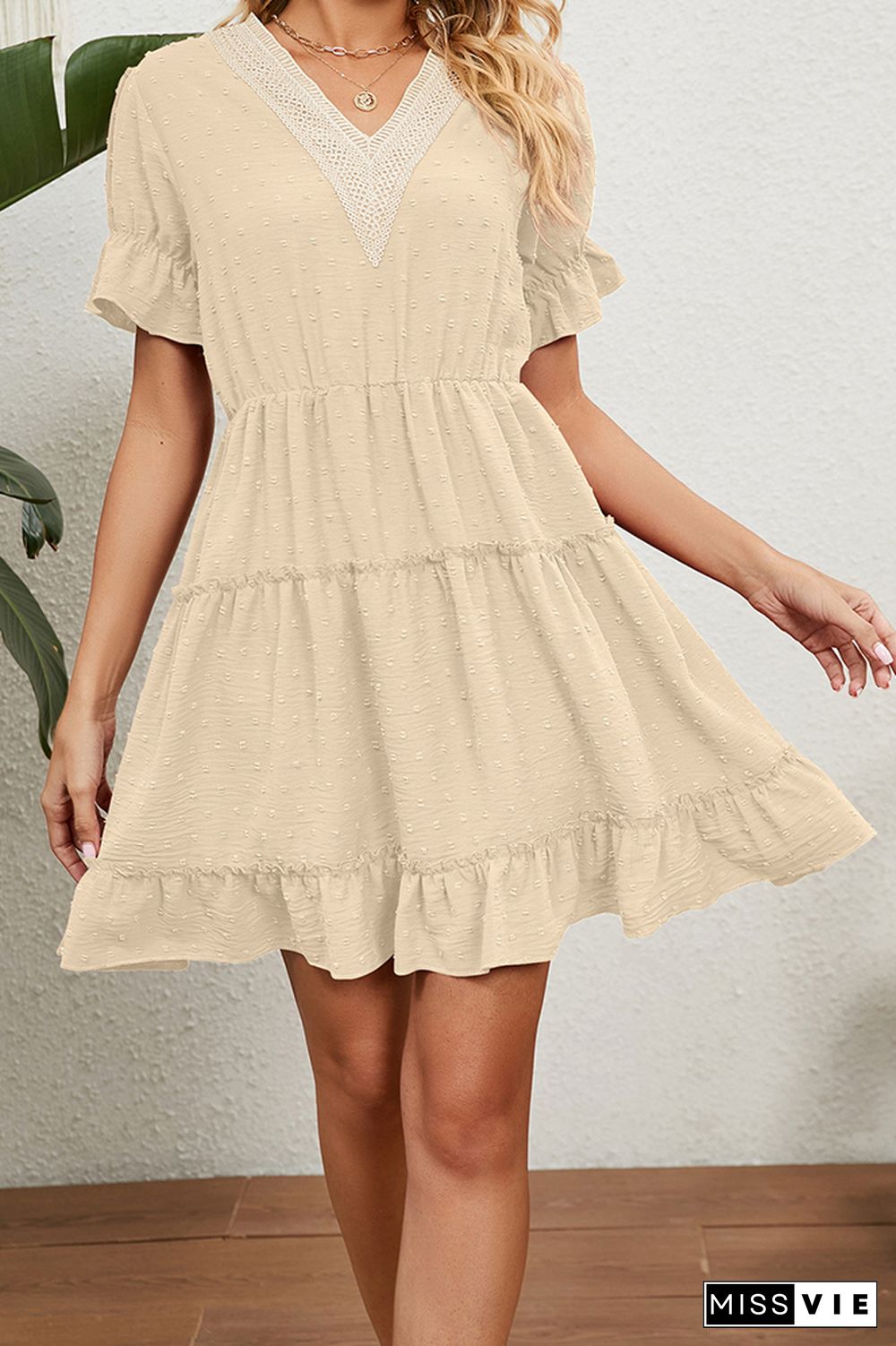 V Neck Lace Crochet Ruffle Mini Dress