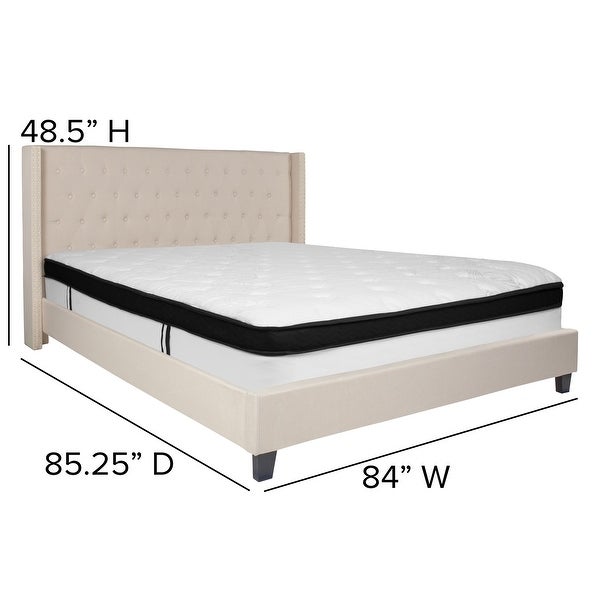 Set of 2 Beige and Black Tufted King Size Platform Bed with Memory Foam Mattress 85.25