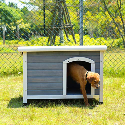 Petsfit Outdoor Wooden Dog House with Adjustable Foot Mat and Door Flap， Small， 1-Year Warranty