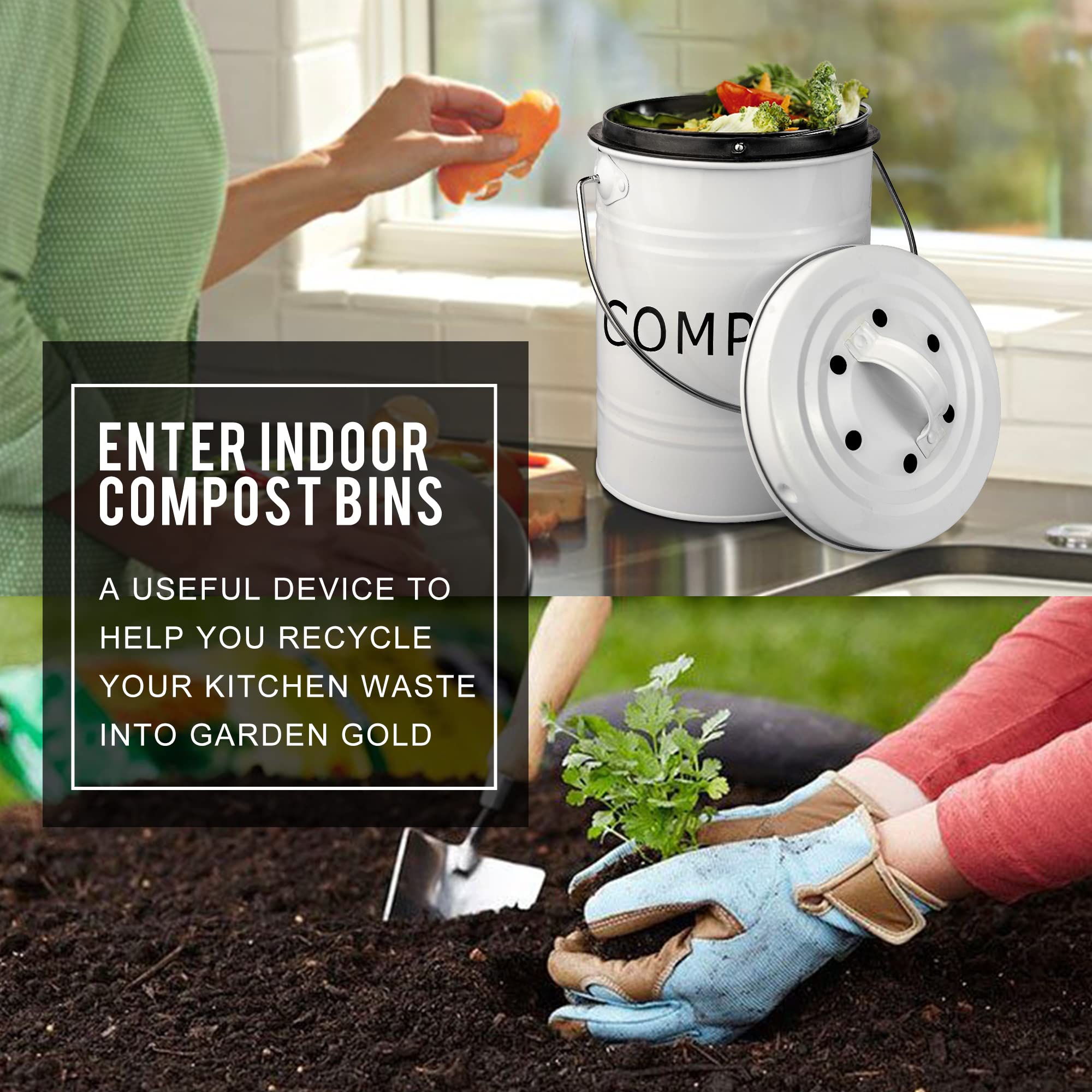 Prime Garden 1.2 gal. Compost Bin with Stainless Steel Lid,White