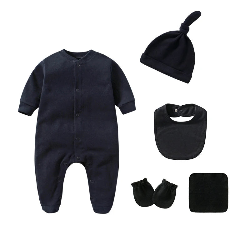 Baby Set Newborn Baby Boy Girl Clothing 100% Cotton Long Sleeved Solid Color Rompers Hat Bib Suit 0-3 Months Infant Products