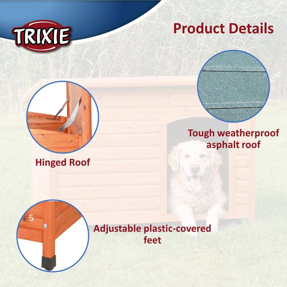 TRIXIE natura Classic Dog House, Flat Hinged Roof, Adjustable Legs, Brown, Medium 39552