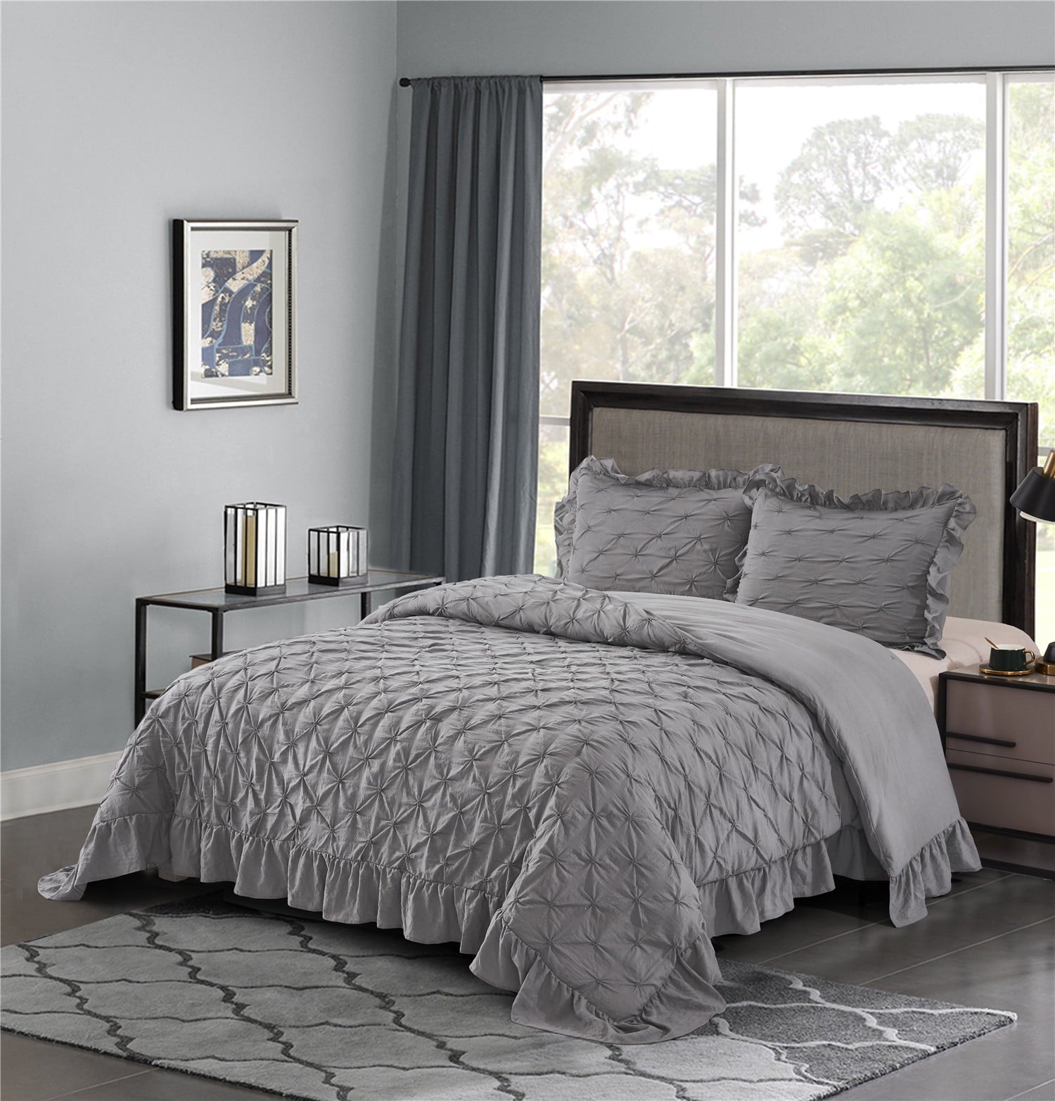 HIG 3 Piece Pinch Pleated Gray Comforter Set King - Super Soft Prewashed Microfiber