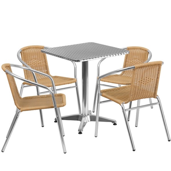 23.5'' Square Aluminum Indoor-Outdoor Table Set with 4 Rattan Chairs - Overstock - 12040383