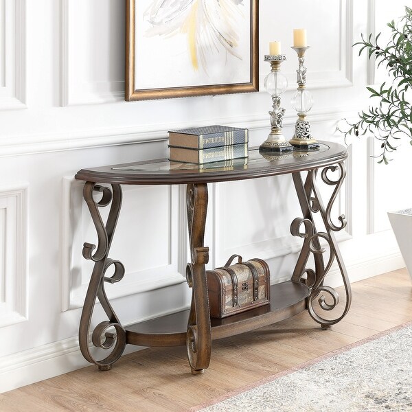 Console Table with Glass Table Top and Powder Coat Finish Metal Legs，Dark Brown （25.5