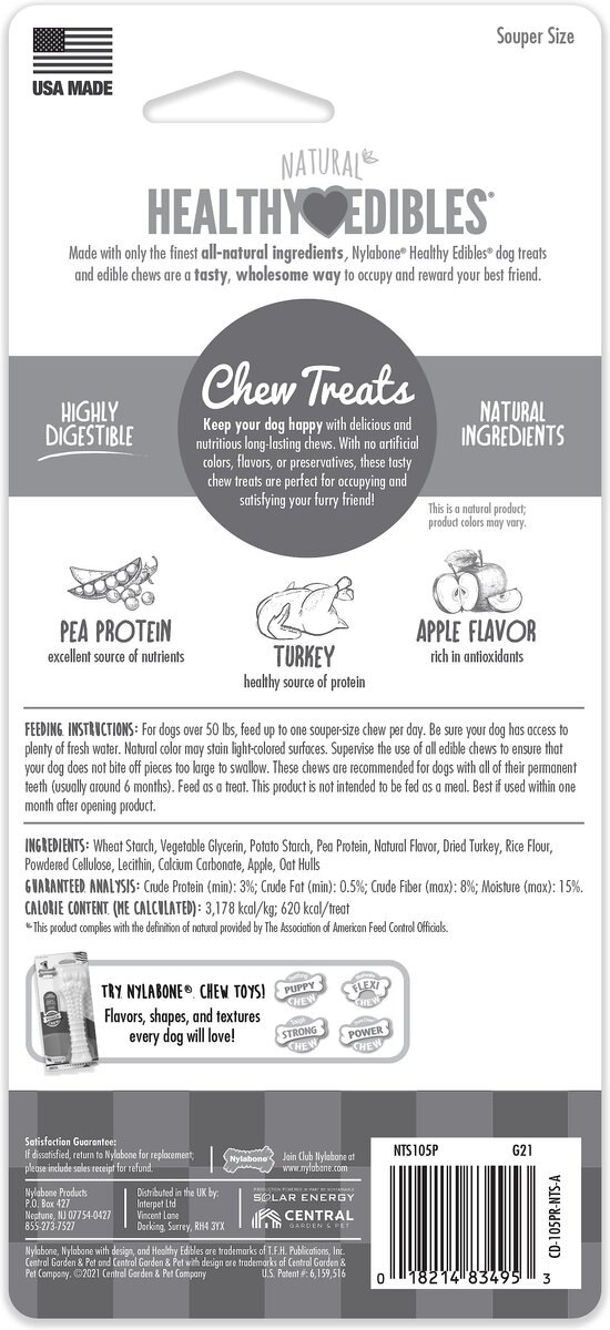 Nylabone Healthy Edibles All-Natural Long Lasting Turkey and Apple Flavor Dog Chew Treats， X-Large