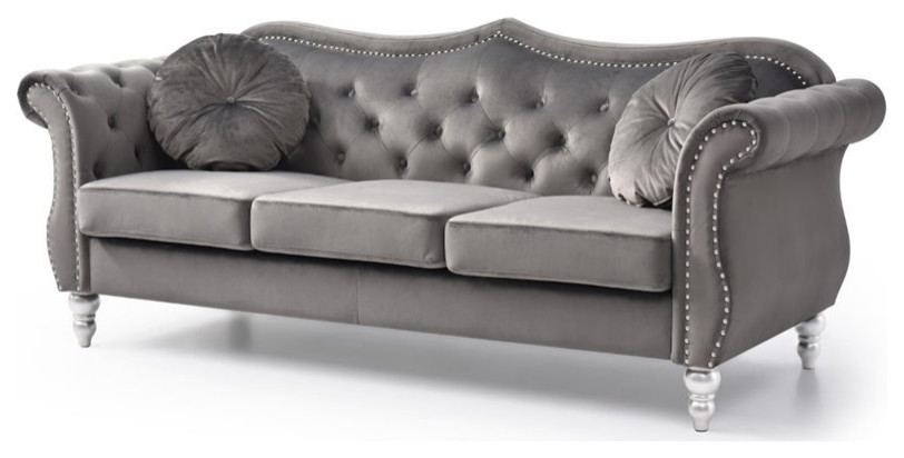 Pemberly Row17 quotTransitional Velvet Tufted Sofa with 2 Pillows in Dark Gray   Traditional   Sofas   by Homesquare  Houzz