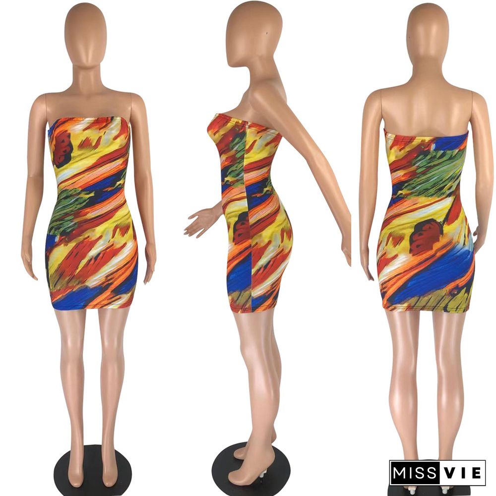 Women Printed Wrap Chest Backless Bodycon Party Club Dress