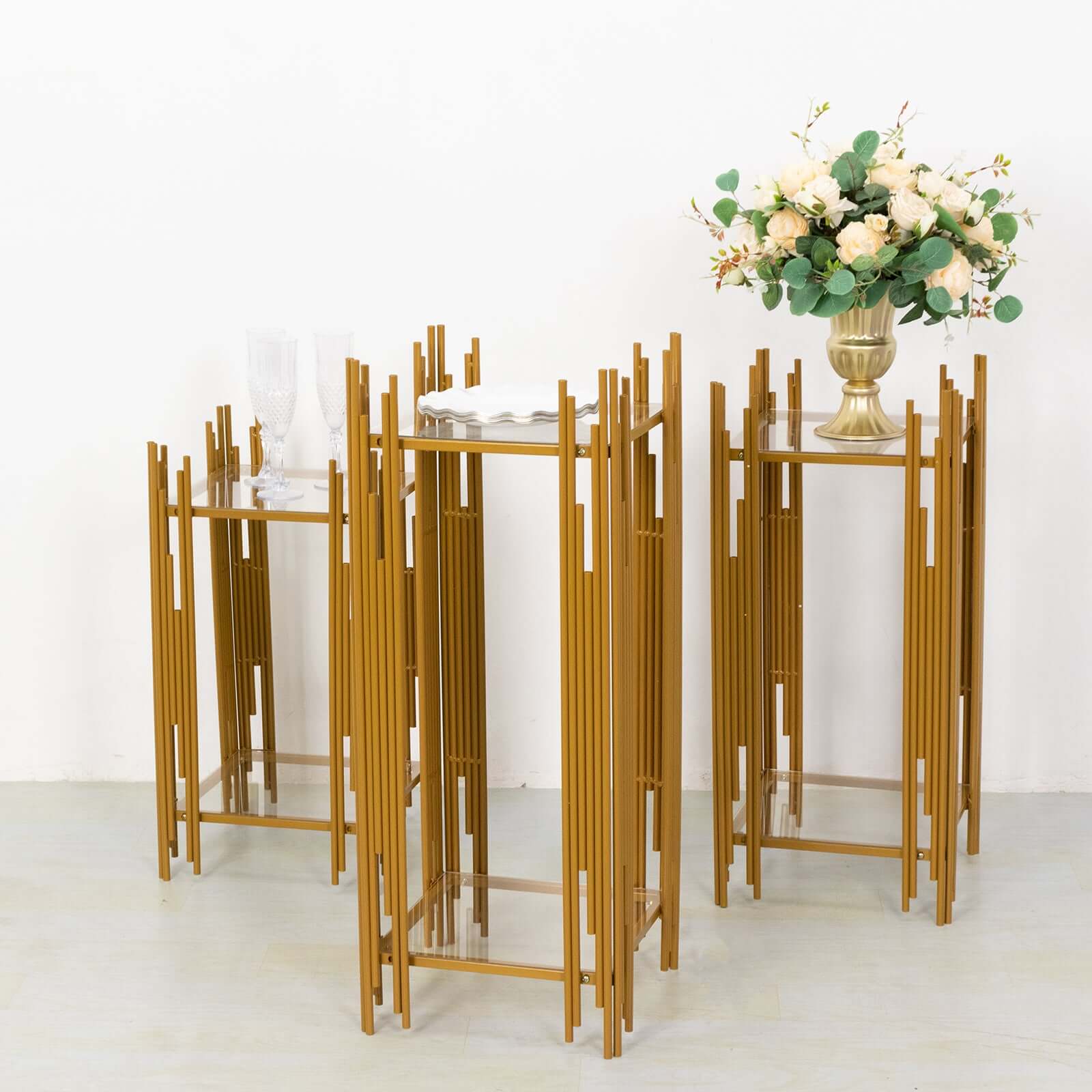 Set of 3 Gold Metal Plinths Flower Display Stands With Square Acrylic Plates, Wedding Cake Table Pedestal Stands - 26