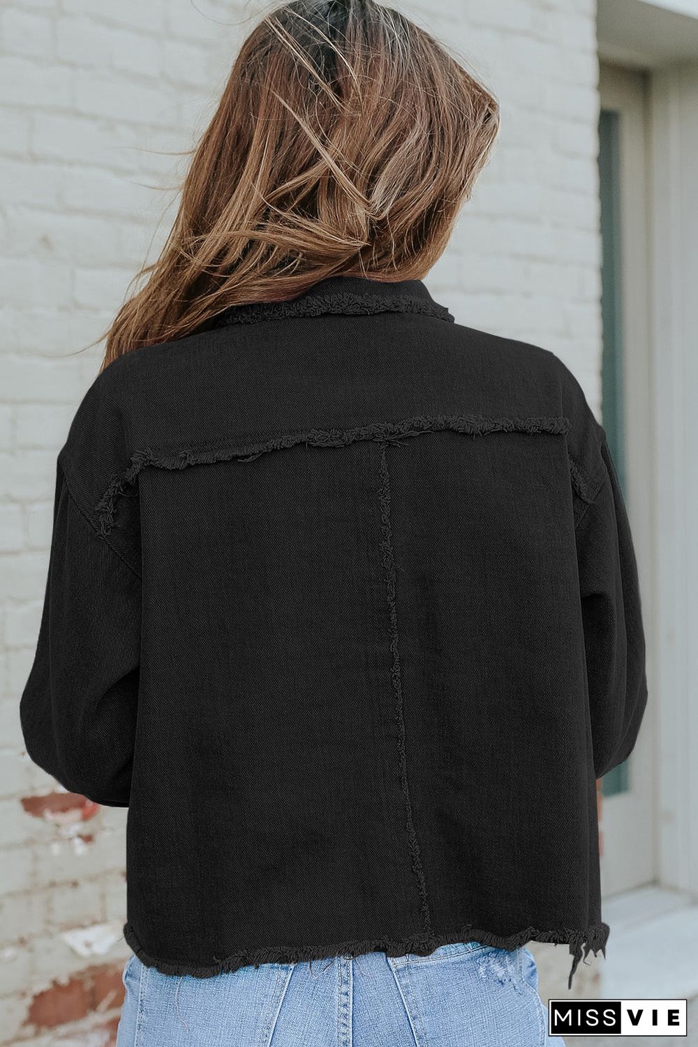 Distressed Flap Pockets Frayed Hemline Denim Jacket