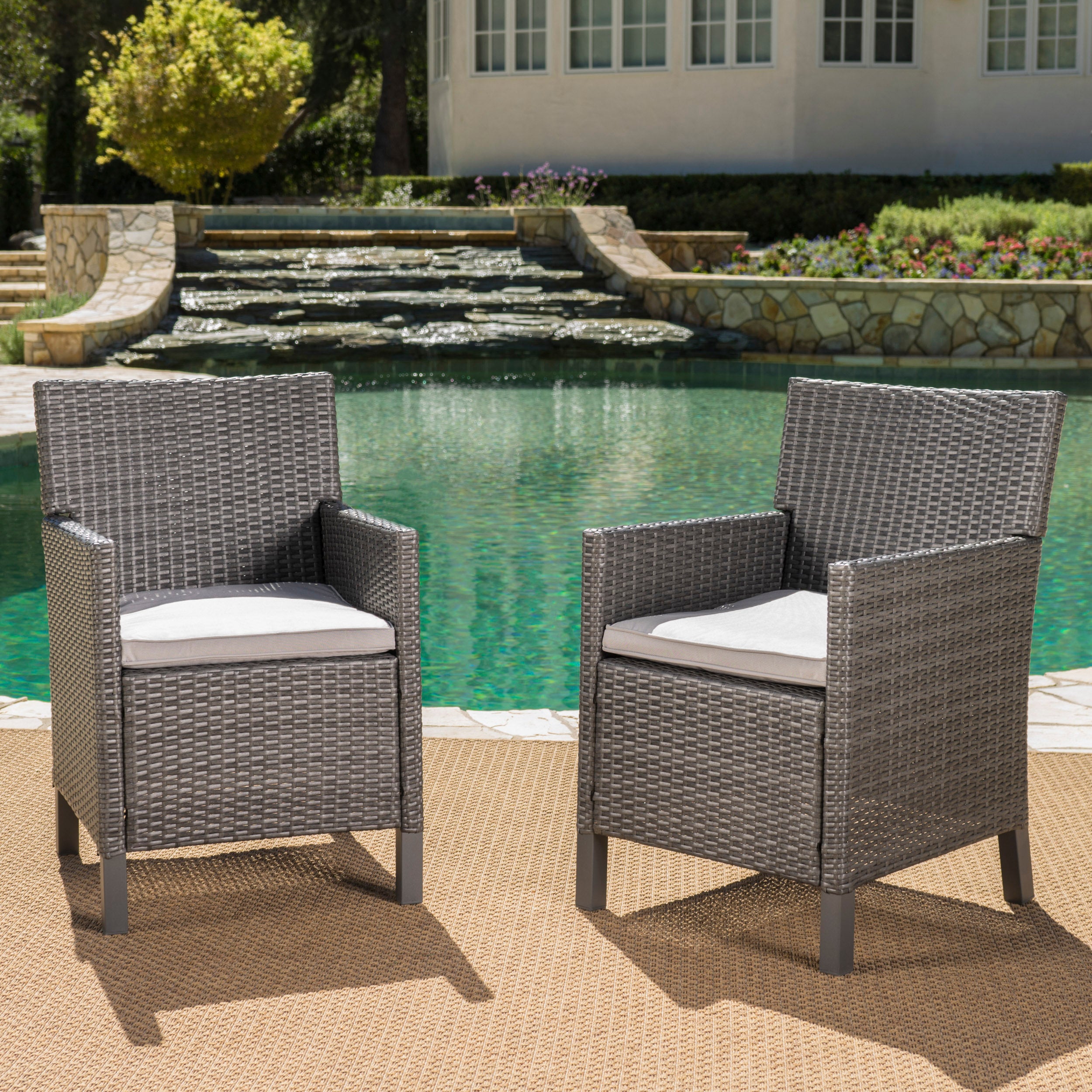 Cyrus Outdoor Wicker Dining Chairs with Water Resistant Cushions (Set of 2)