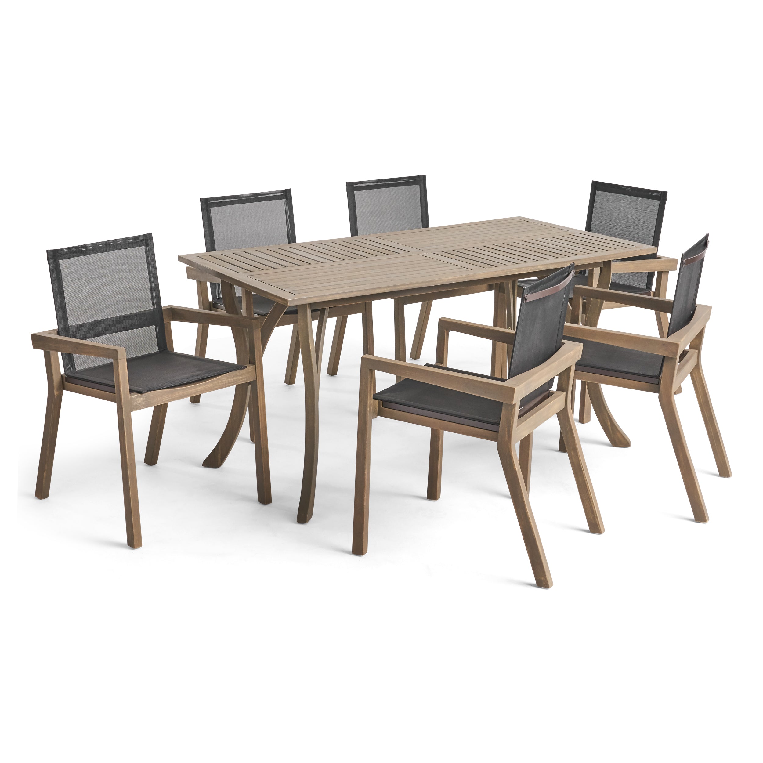 Darlin Outdoor Acacia Wood 7 Piece Dining Set with Mesh Seats