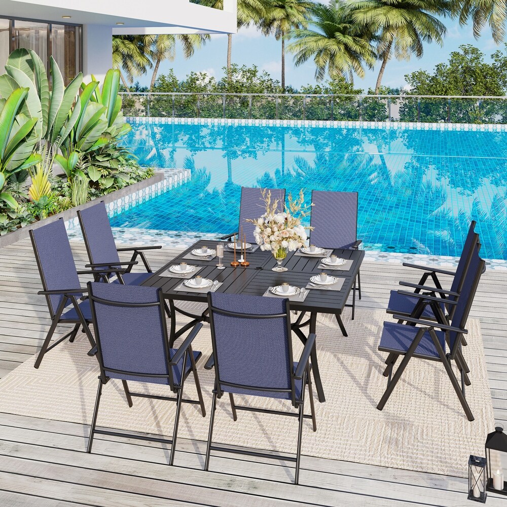 9 Pieces Patio Dining Set  60 Inch Square Metal Table and Sling Dining Chairs Seats Up to 8