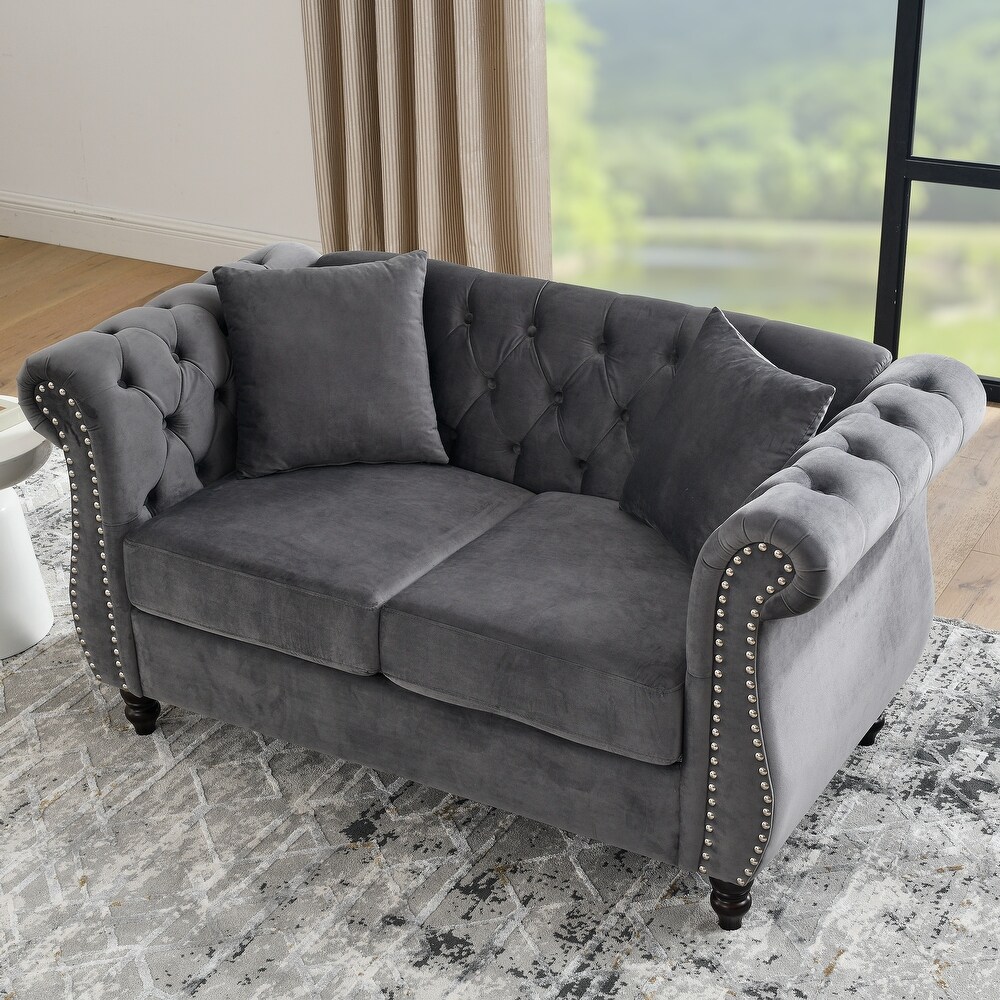 Velvet Chesterfield Sofa Set with Nailhead Trim and Tufted Low Back (Includes Pillows  3 Seater + Loveseat)