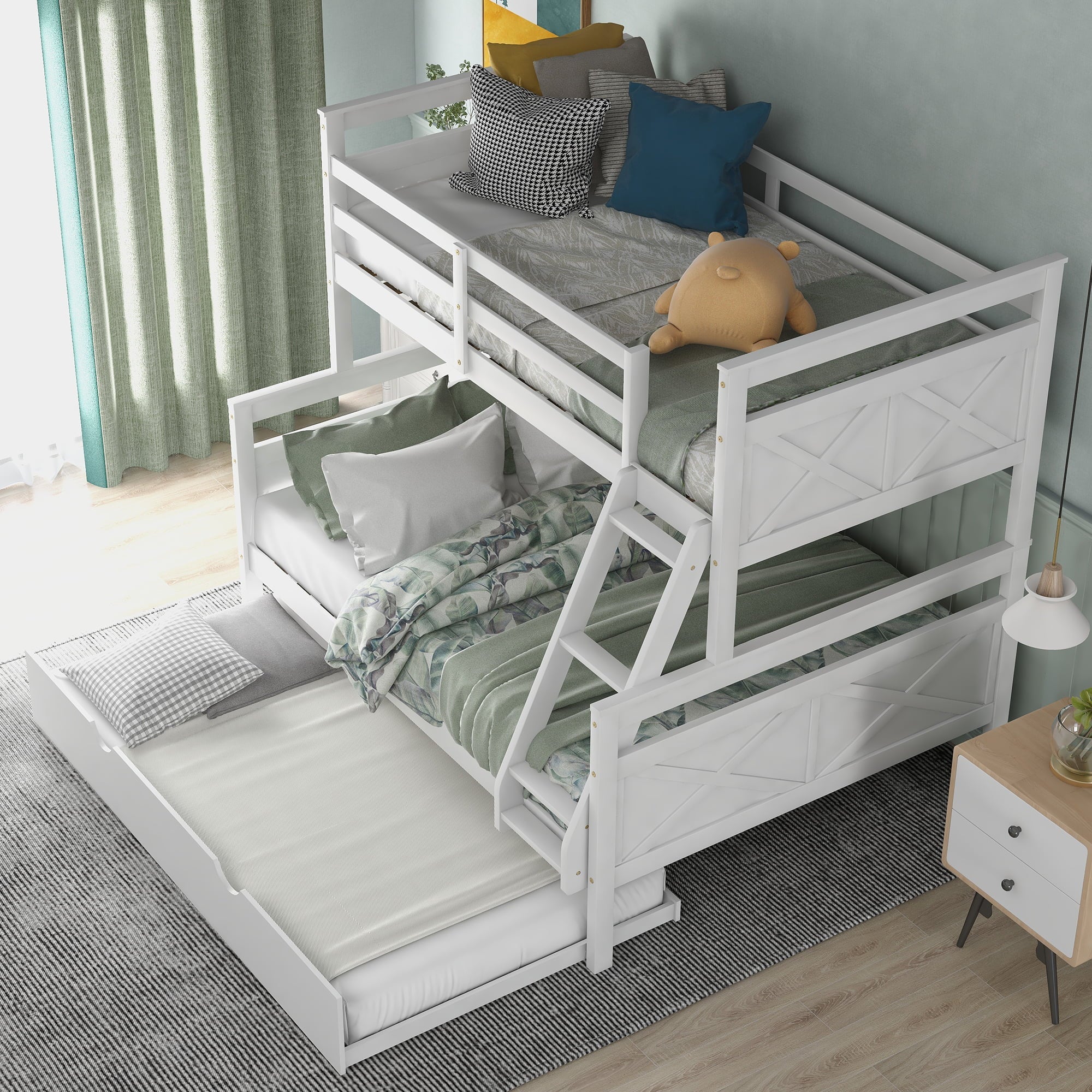 Euroco Wood Twin over Full Bunk Bed with Trundle for Kids & Adults for Bedrooms, White