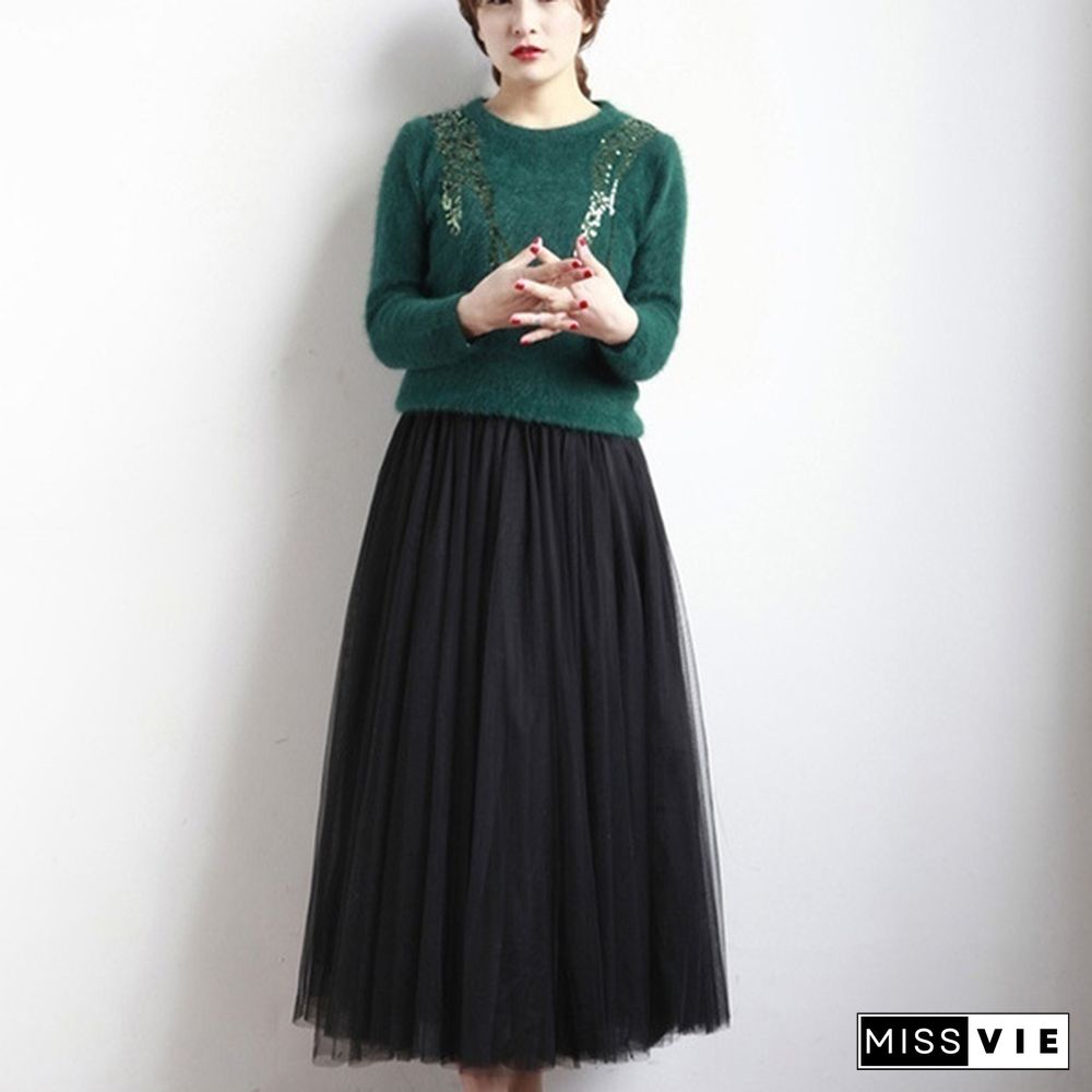 Three-Layer Fashion Tulle Skirts Women Summer Elastic High Waist Long Mesh Skirt Tutu Maxi Pleated Skirt