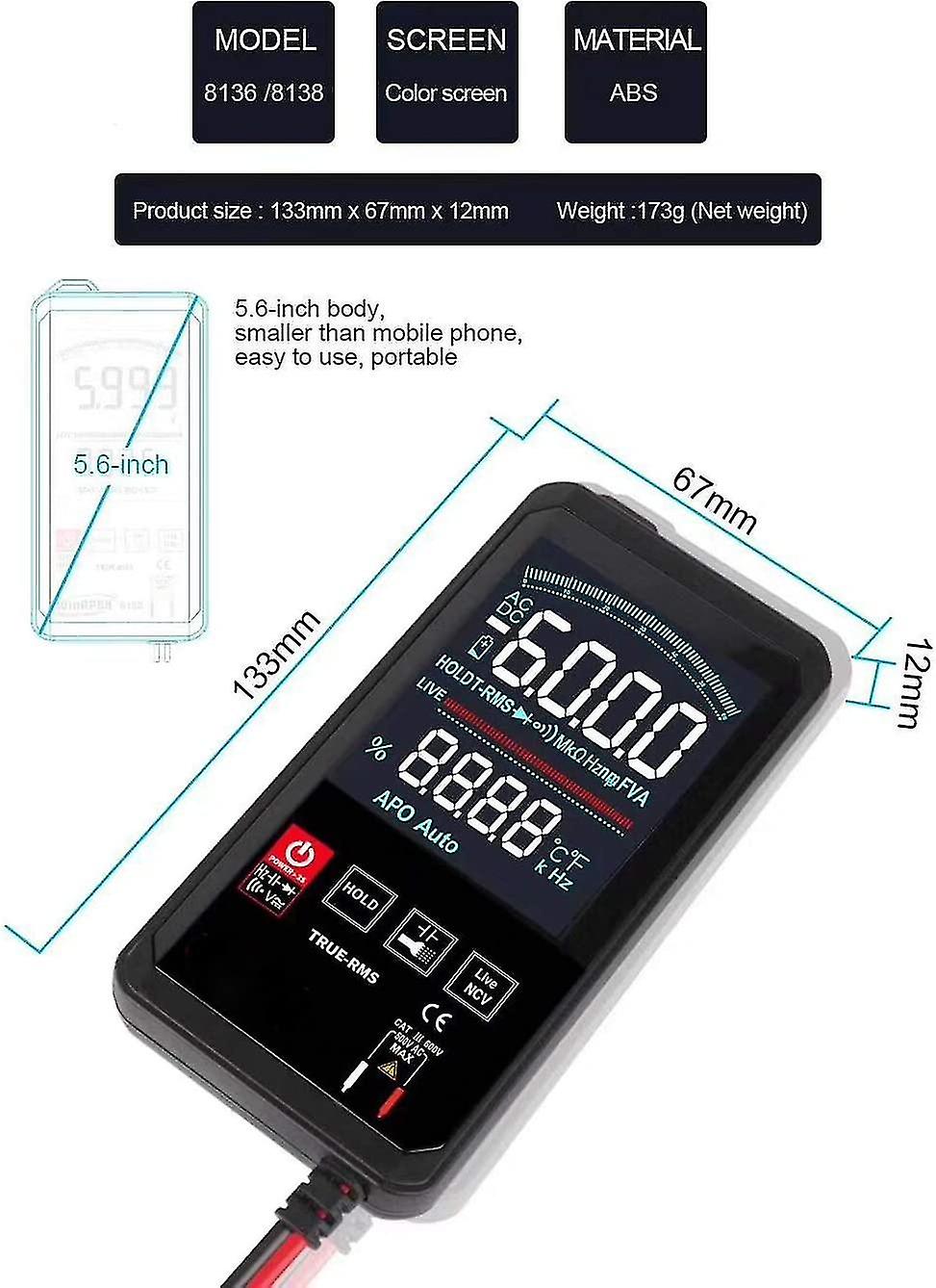 Multimeter Tester， Large Portable Lcd Digital Pocket Voltage/current/frequency Automatic 6000 Counts