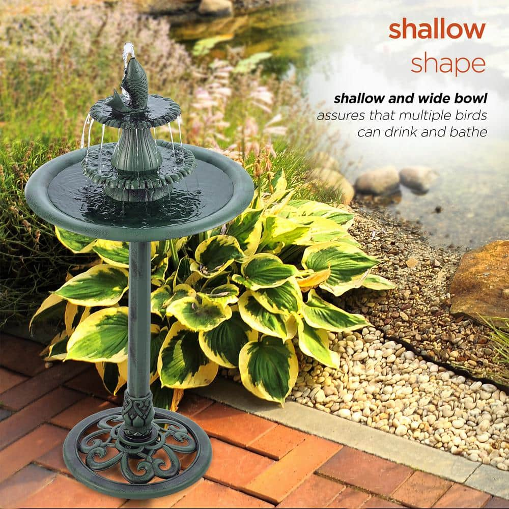 Alpine Corporation 40 in. Tall Outdoor 3-Tiered Pedestal Water Birdbath with Fish Design Floor Fountain, Green TEC104