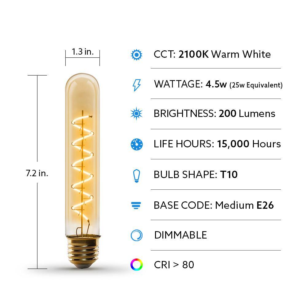 Feit Electric 25-Watt Equivalent T10 Dimmable Spiral Filament Large Amber Glass E26 Vintage Edison LED Light Bulb Warm White T10LSLEDHDRP