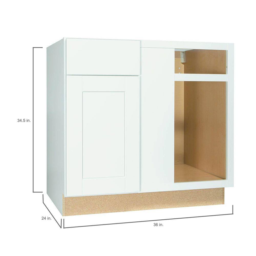 Hampton Bay Shaker Satin White Stock Assembled Blind Base Corner Kitchen Cabinet (36 in. x 34.5 in. x 24 in.) KBBC45-SSW