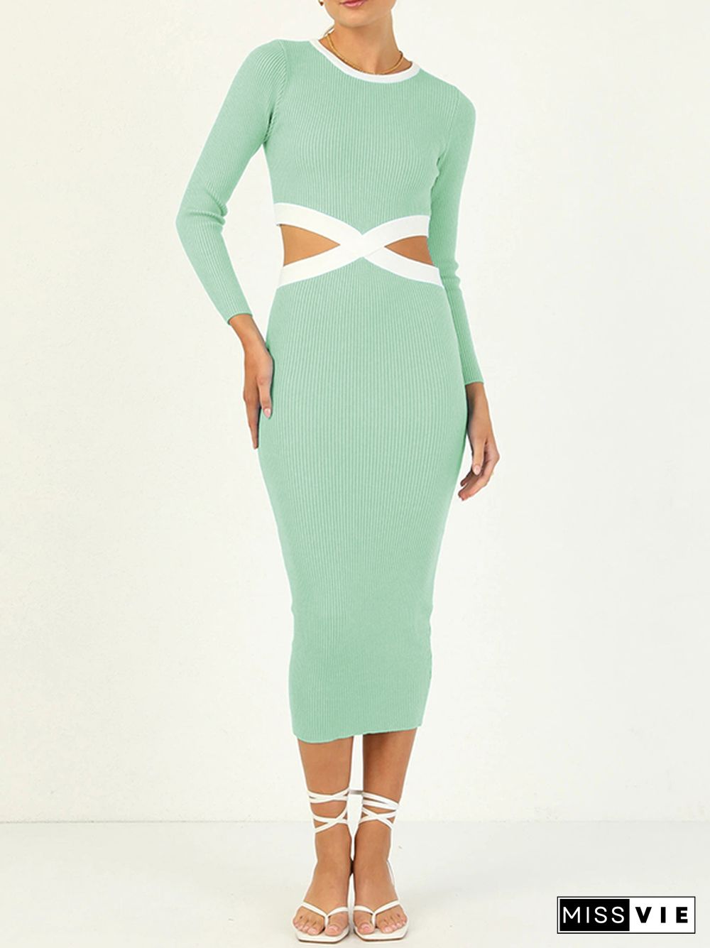 High Waisted Long Sleeves Hollow Round-Neck Midi Dresses