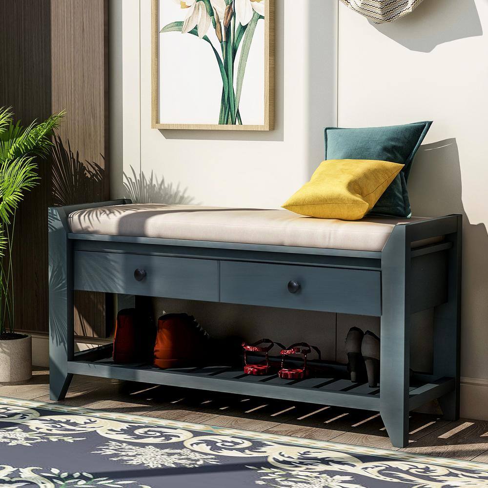 Harper  Bright Designs Entryway Blue Storage Bench with Cushioned Seat Drawers and Shoe Rack 19.8 in. H x 39 in. W x 14 in. D WF195386AAM